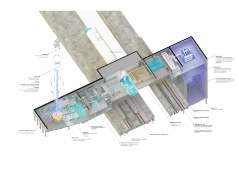 Cutaway axonometric of the BI-T-OWER proposal showing an underground water canal and subway connections, a public auditorium, data-centre infrastructure and a tower core, each element annotated.