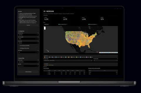 Web application with county choropleth, data-center configuration, filter controls, and a ranked results table.